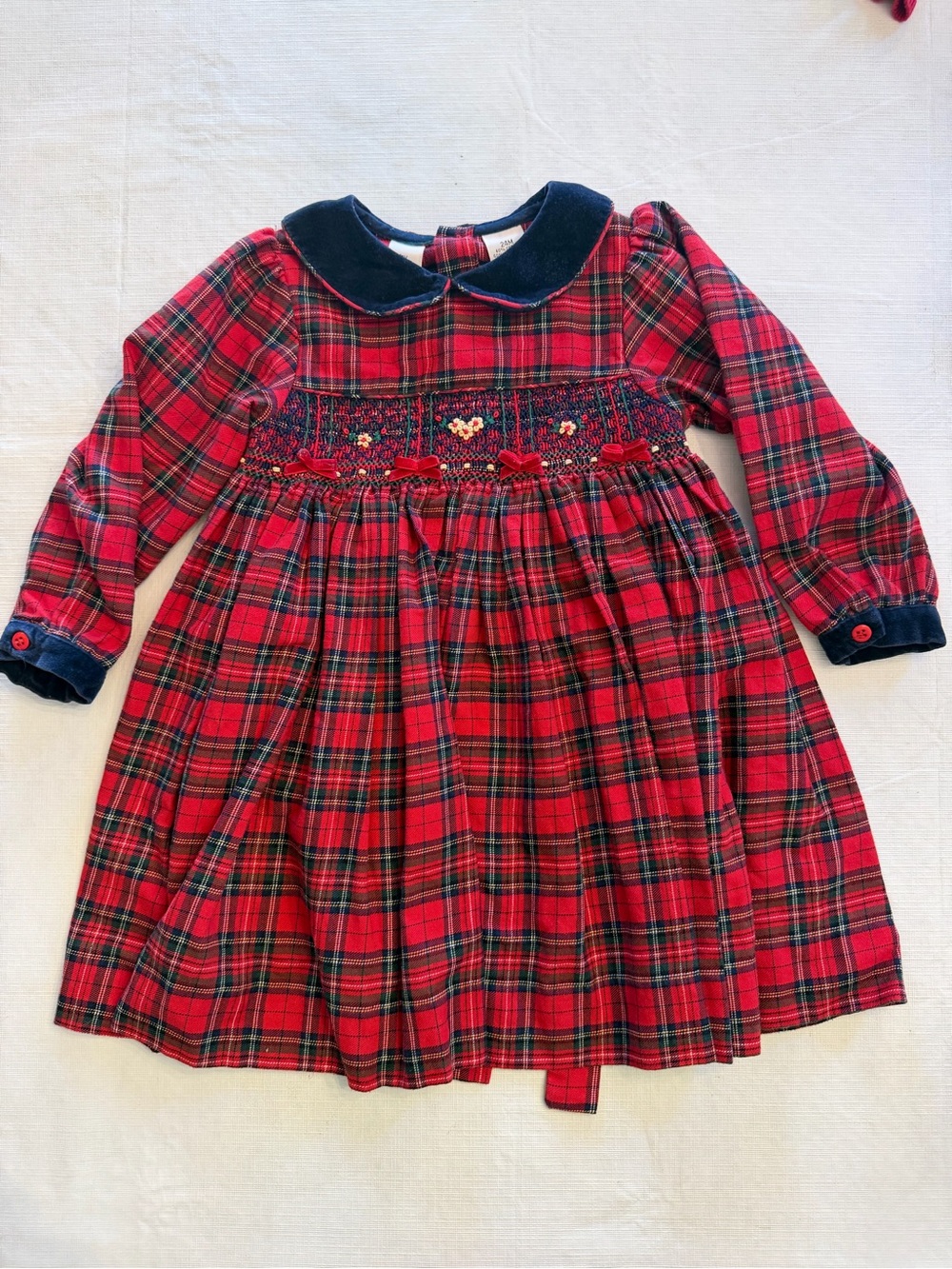 Girls red Tartan Plaid and Navy Velvet trim smocked dress